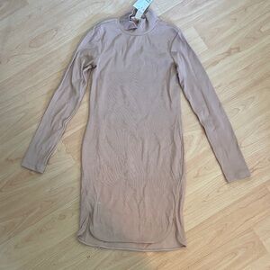 H&M Long Sleeve Mock Neck Bodycon Dress in Beige